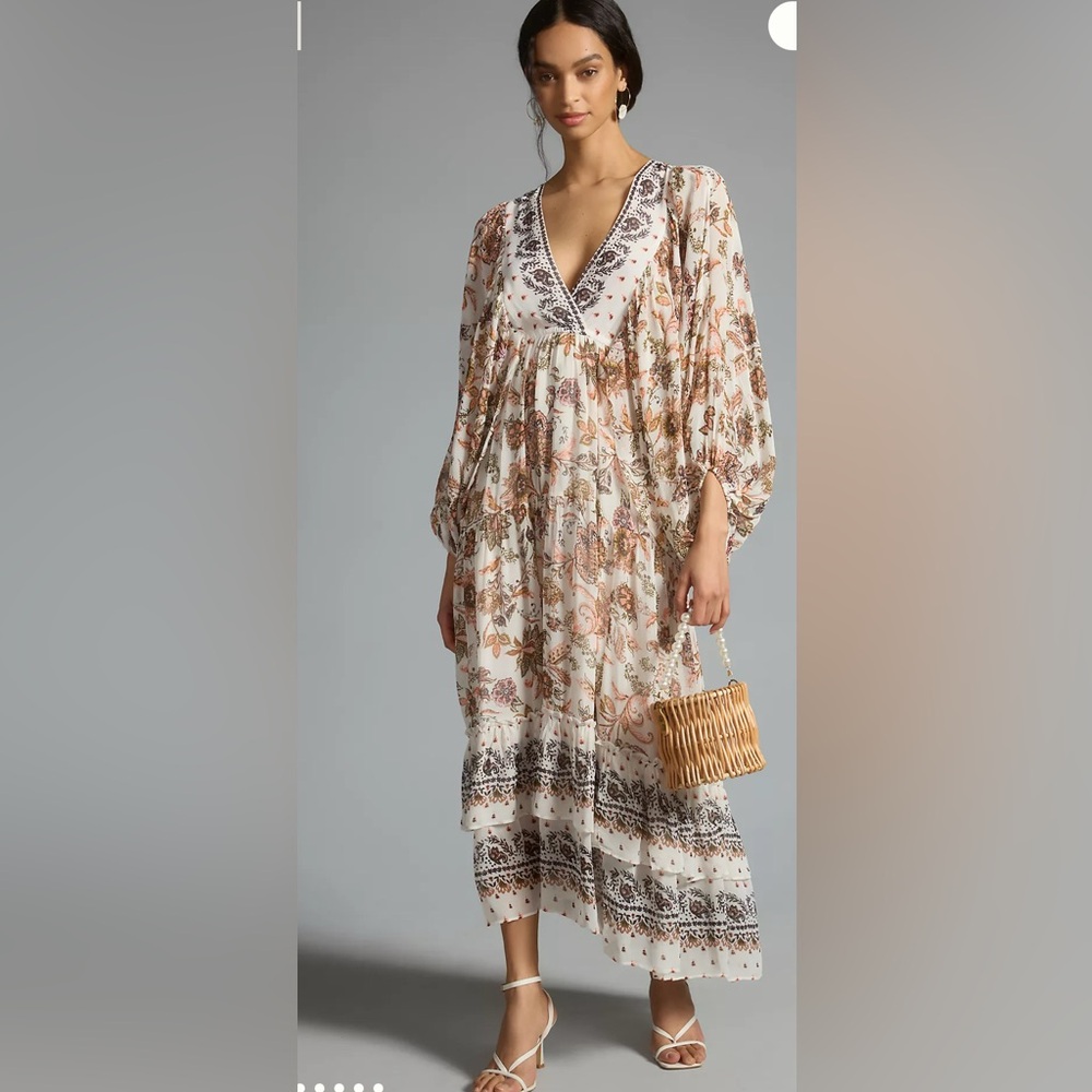 Anthropologie Floral Boho Maxi Dress in Cream and Brown